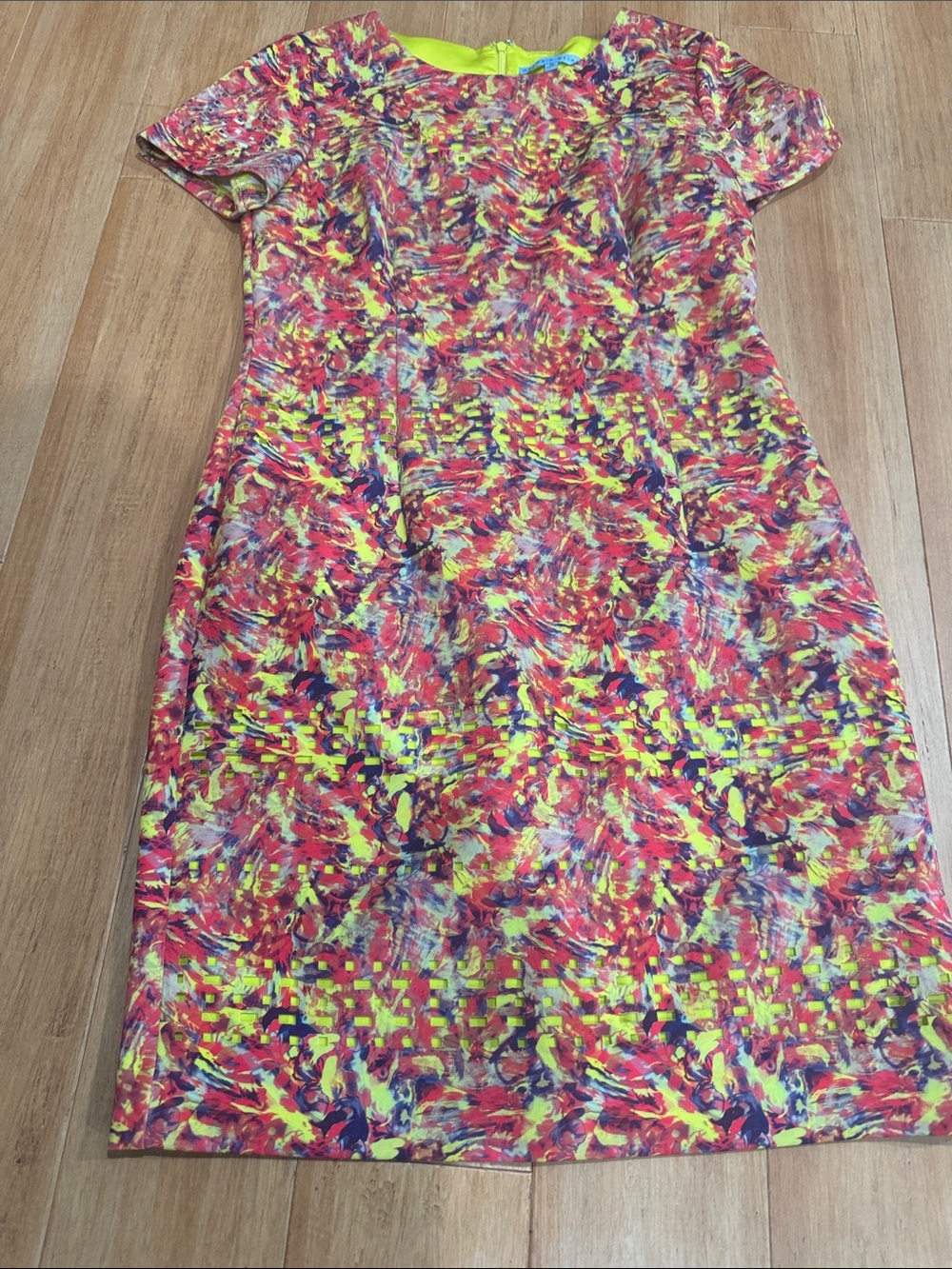 ANTONIO MELANI Neon Yellow and Red Abstract Midi Dress